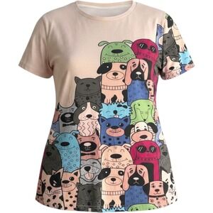 Pixie‎ Lady T-Shirt Women 2X Pink Polyester Cartoon Dog Graphic Print Kitsch Tee
